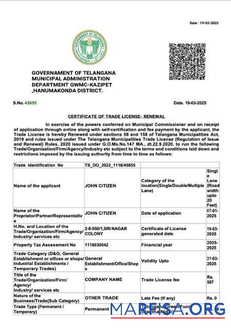 Downloadable India Telangana certificate of trade license Word and PDF template